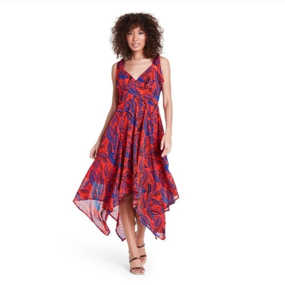Alexis Asymmetrical Dress in Orange and Blue Leaf Print